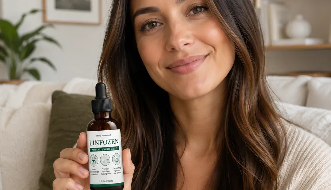 Woman holding Linfozen Lymphatic Drainage Drops